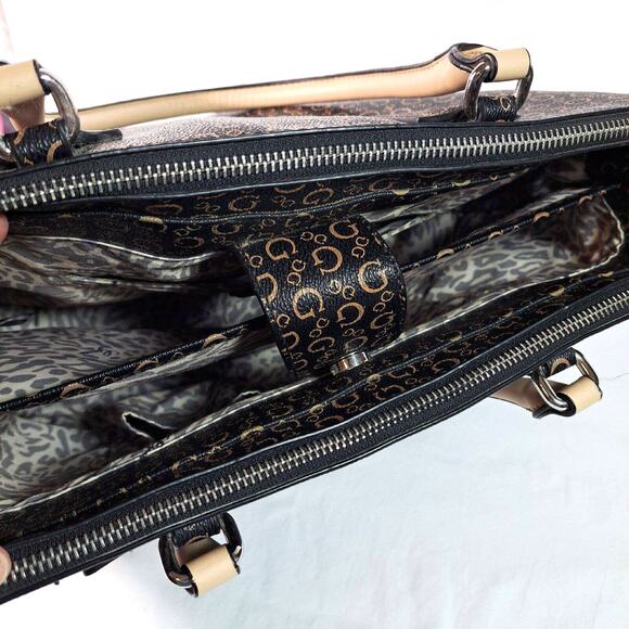 Guess Logo Satchel Handbag Tote Large Multiple Compartments Coasted Canvas Black - Picture 10 of 16